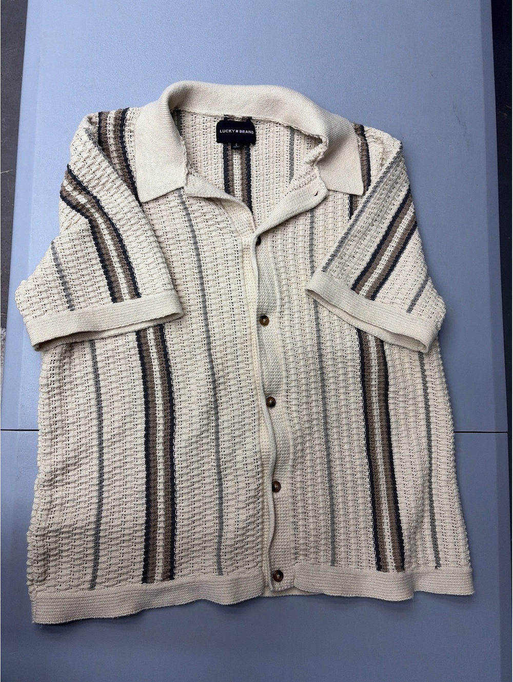 Lucky Brand Men’s L Beige Knit Short Sleeve Button Front Shirt Stripes Hipster